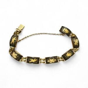 Vintage Damascene Bar Link Bracelet 8” Birds Flowers Safety Chain